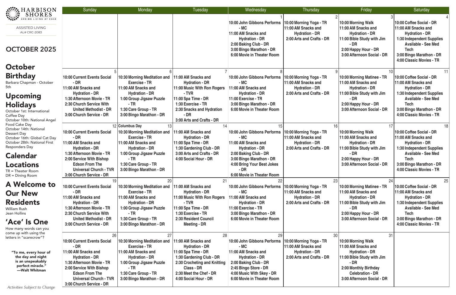 Assisted Living Event Calendar