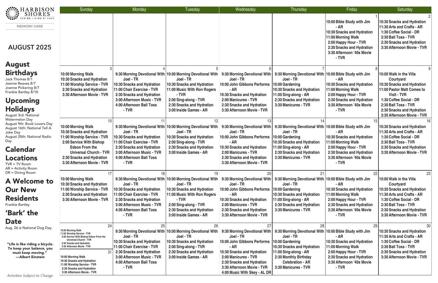 Memory Care Event Calendar