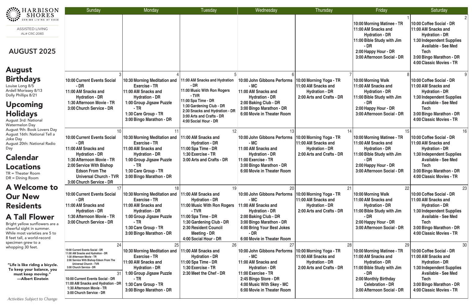 Assisted Living Event Calendar