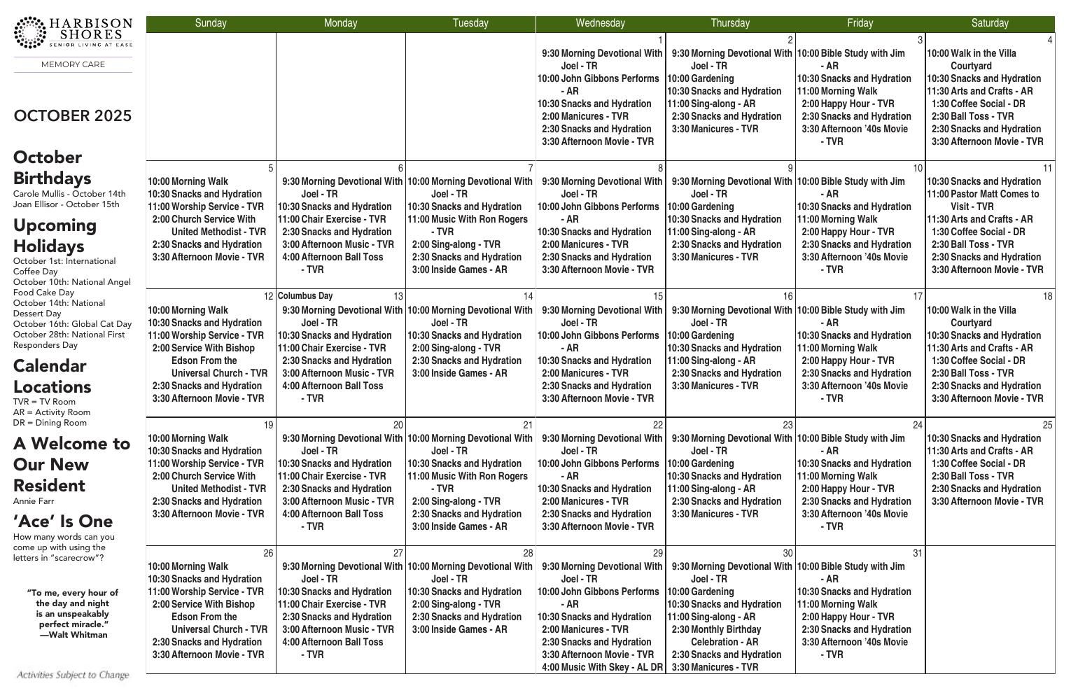 Memory Care Event Calendar
